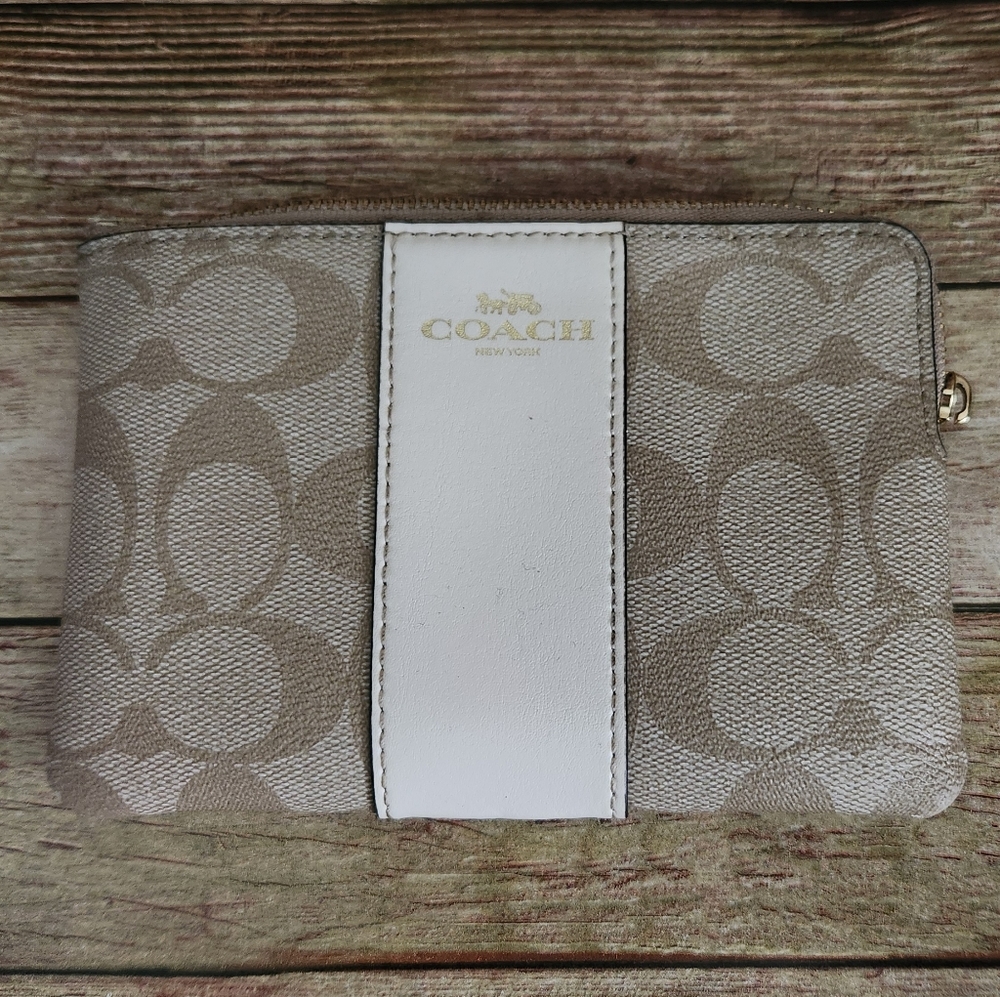 Coach Tan and White Signature Wristlet